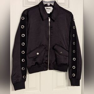 NWT DKNY Women's (Size Small) Black Logo Grommet Woven Lined Bomber Jacket